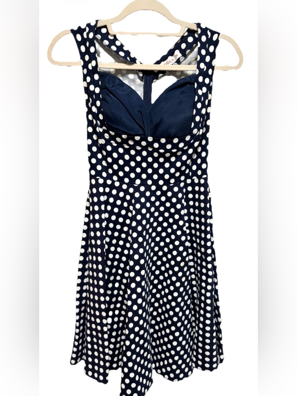 Navy Polka Dot Midi Dress with Sweetheart Bodice